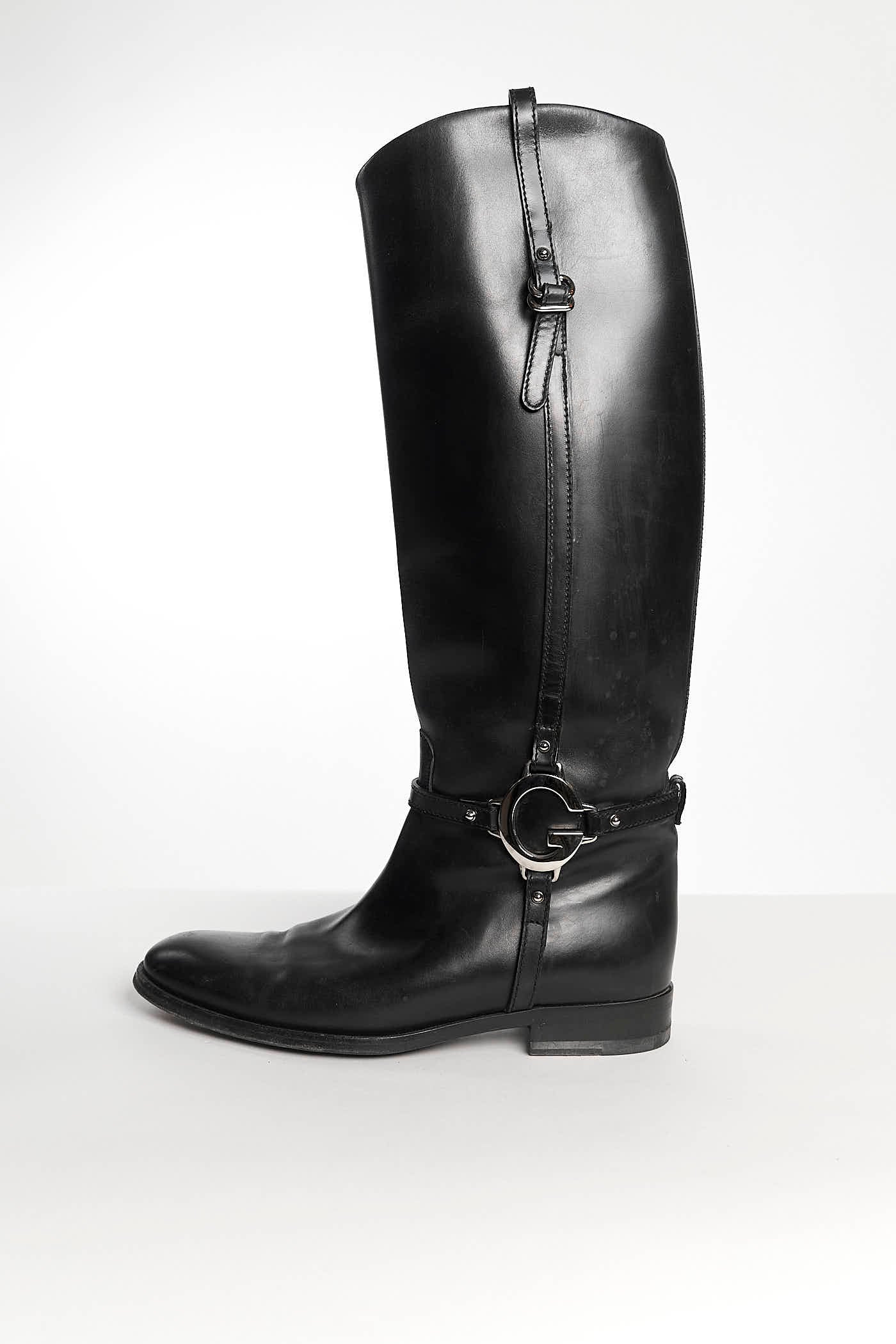 Gucci Black Riding Boots with Silver Logo 38.5