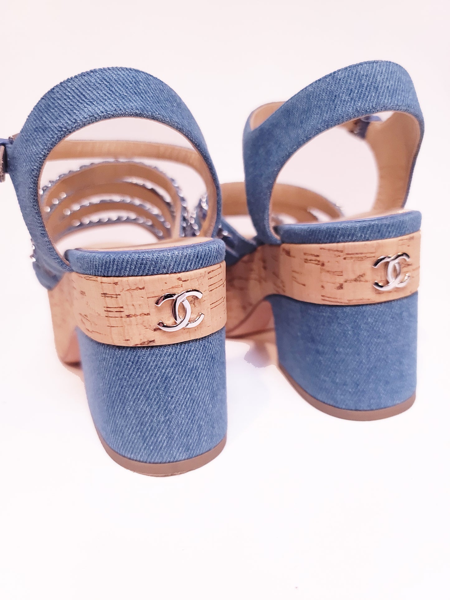 Chanel Denim Blue Chain Detail Ankle Strap Platform Sandals 38