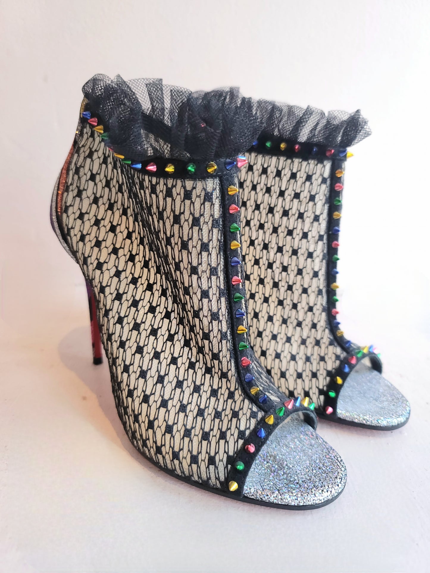 Christian Louboutin Black Lace Open Toe Booties w/Rainbow Studs Heels 37.5