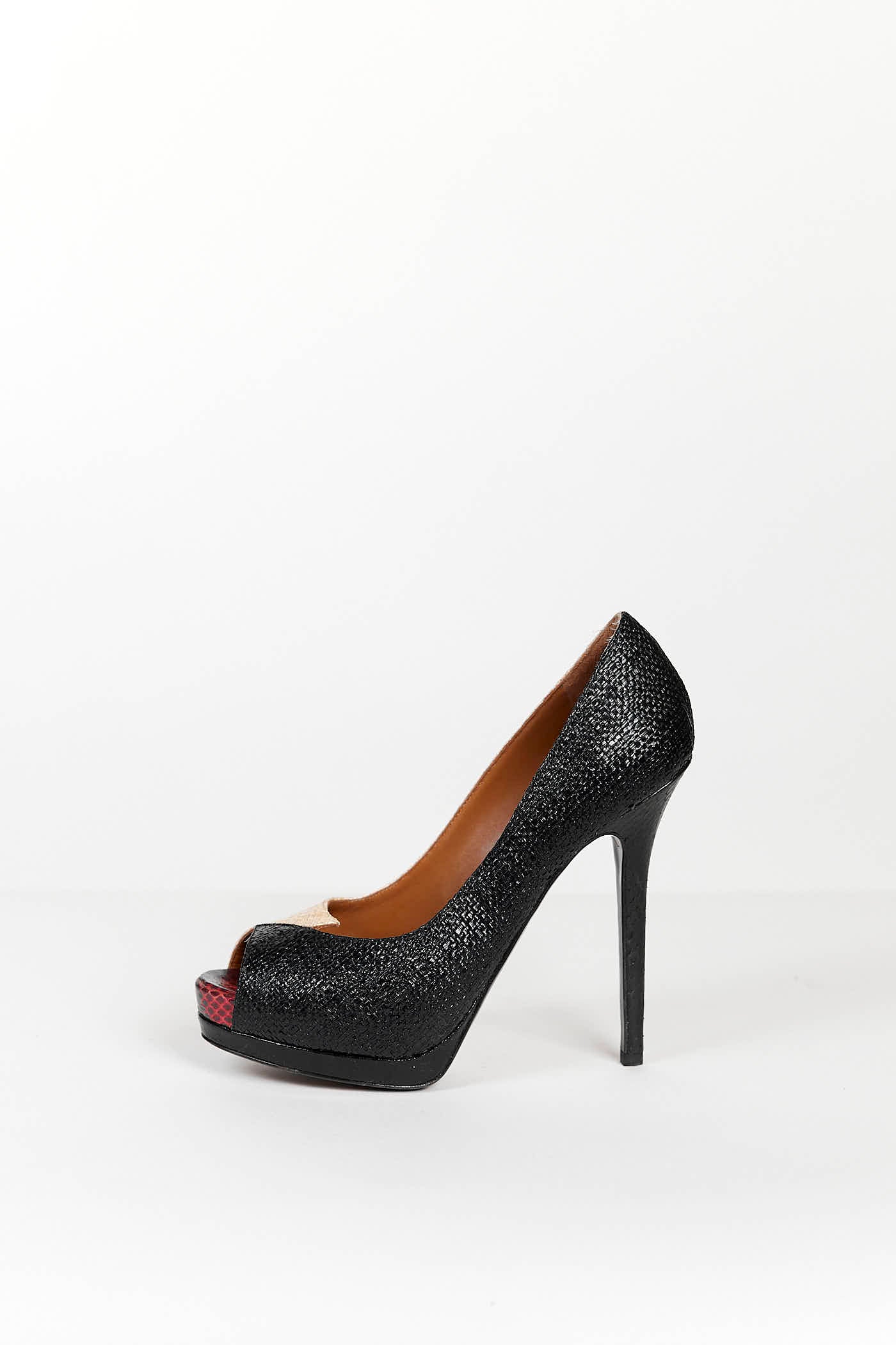 Fendi Black/Brown Woven Straw Heels with Red Snake Embossed Leather 39
