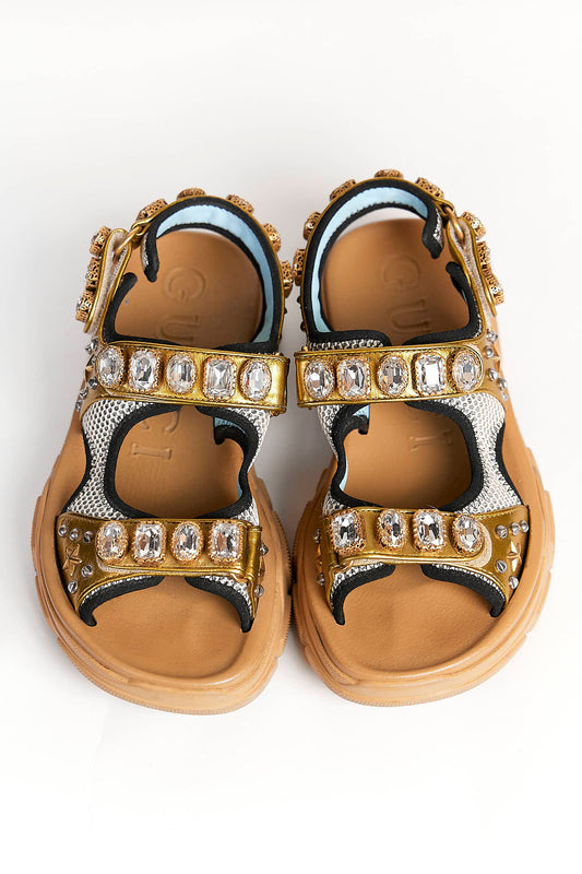 Gucci Aguru Gold Studs Crystals Sandals 40