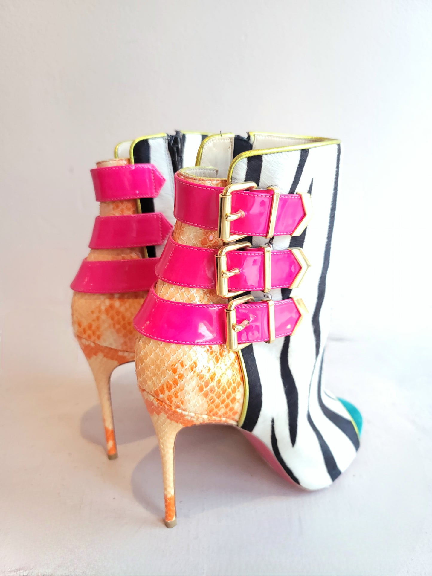 Christian Louboutin Multicolor Zebra /Snakeskin Open Toe Boots 38.5