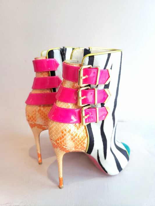 Christian Louboutin Multicolor Zebra /Snakeskin Open Toe Boots 38.5