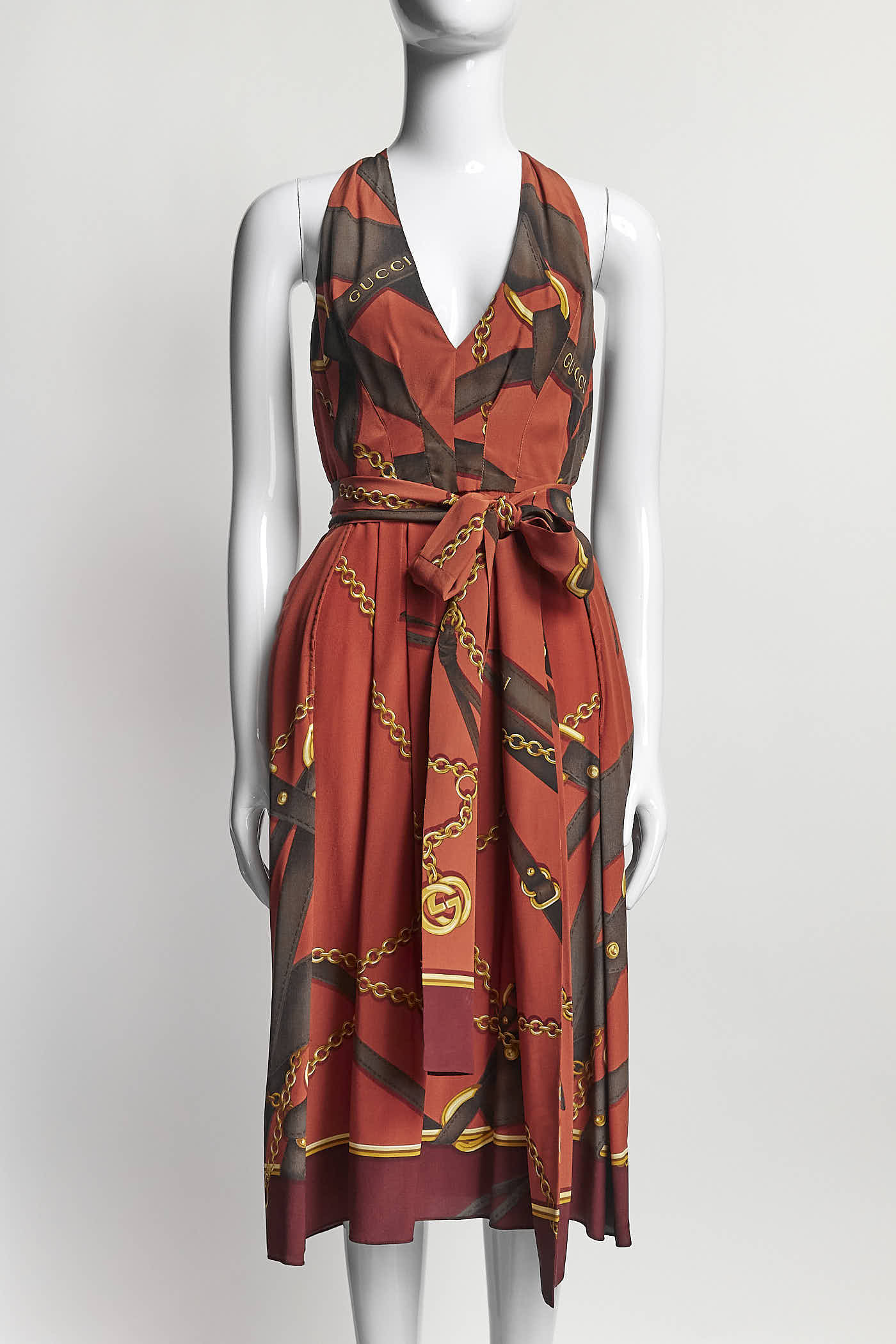 GUCCI 2011 Pure Silk Copper & Gold Chain Print Dress 38