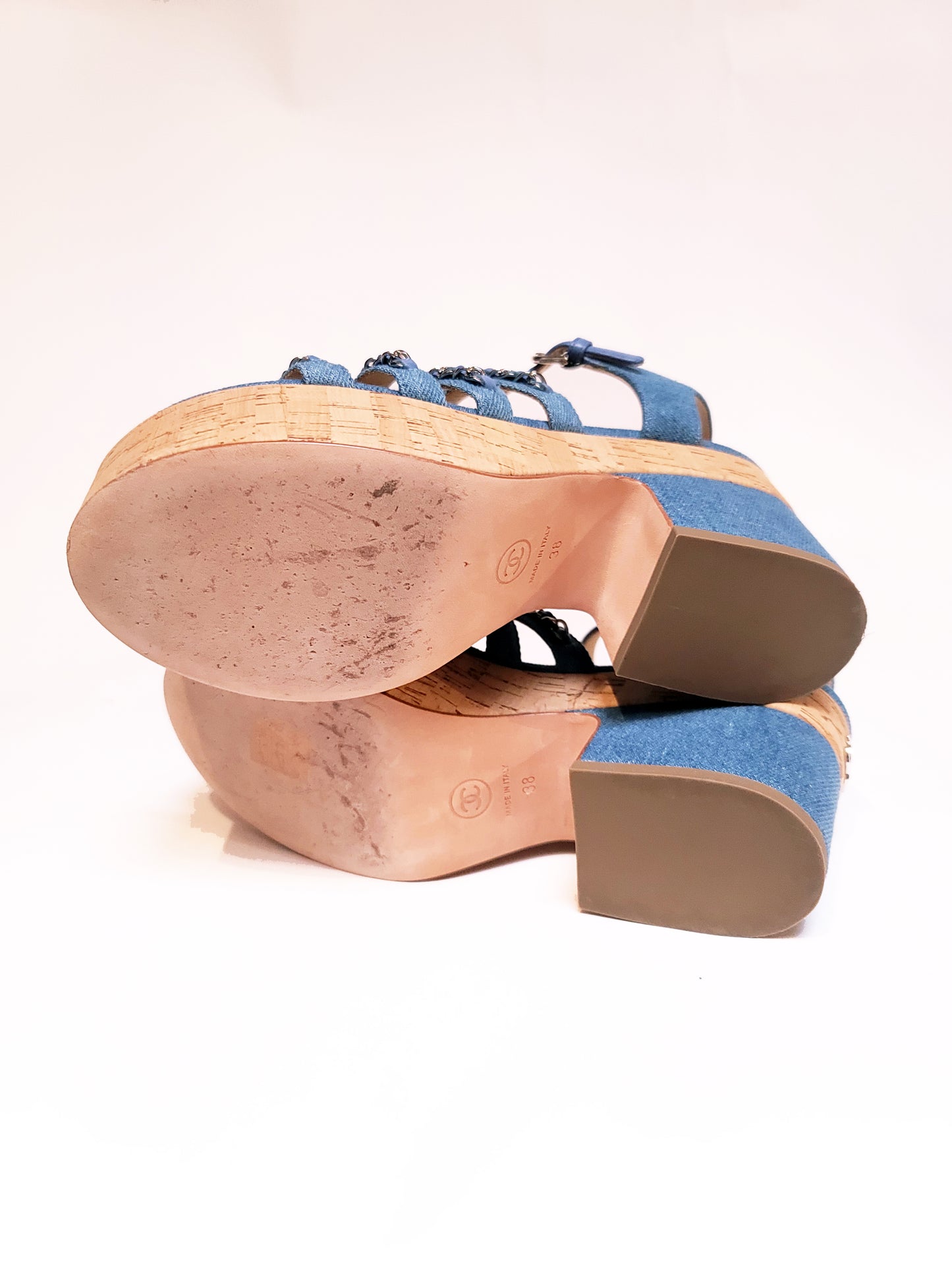 Chanel Denim Blue Chain Detail Ankle Strap Platform Sandals 38