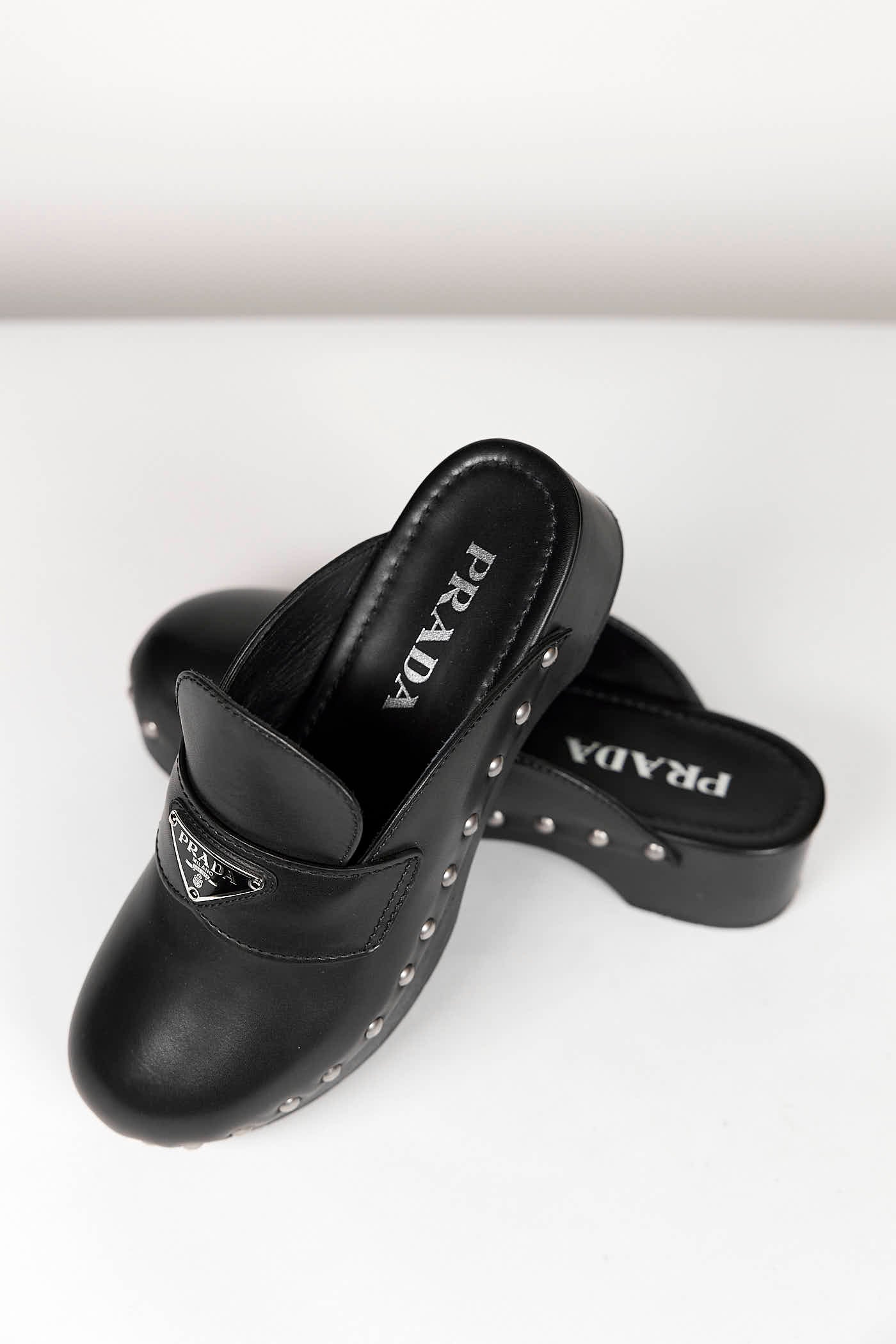 Prada Black Leather Studded Logo Platform Clog Mules 38