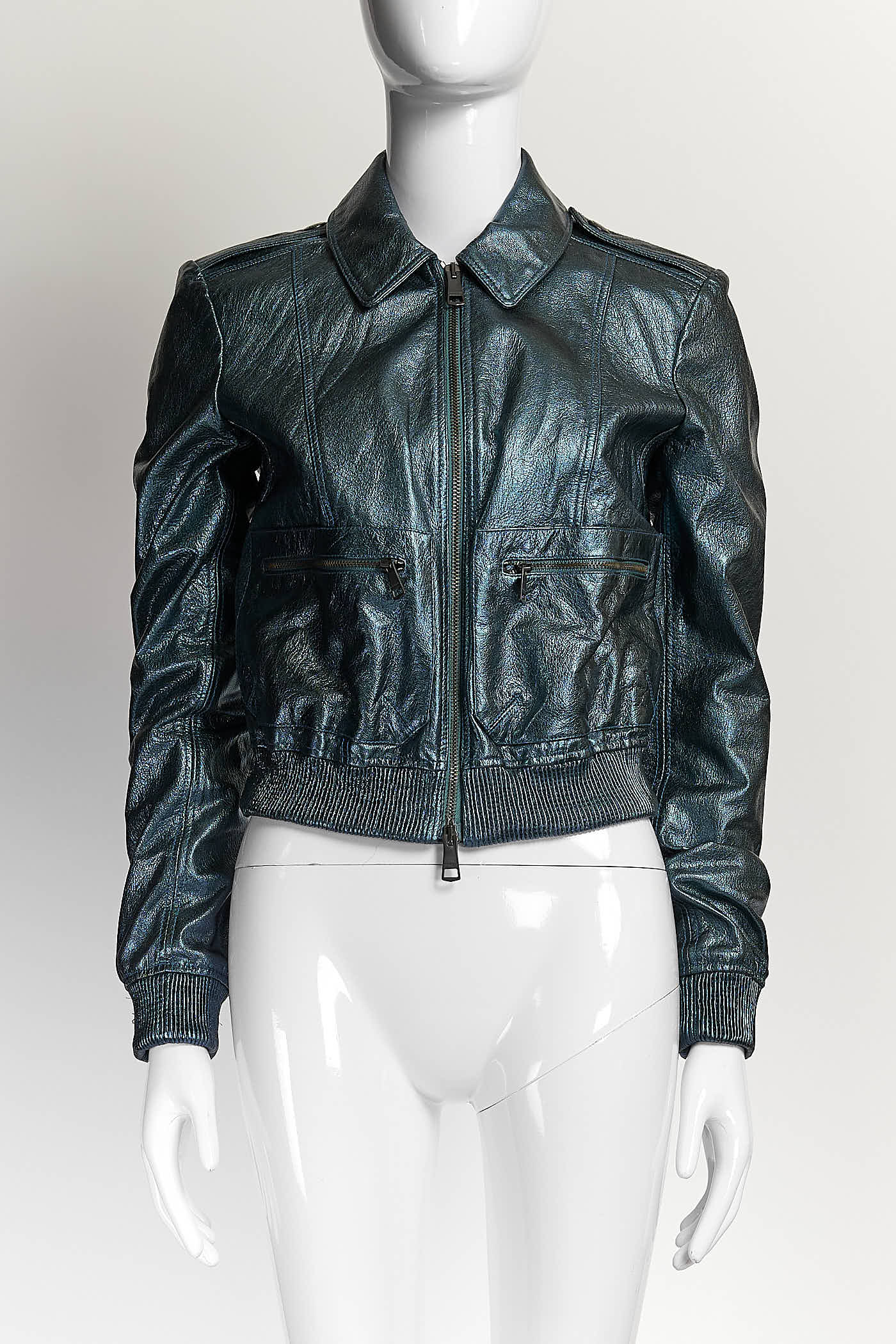 Burberry Metallic Blue Leather Jacket UK8