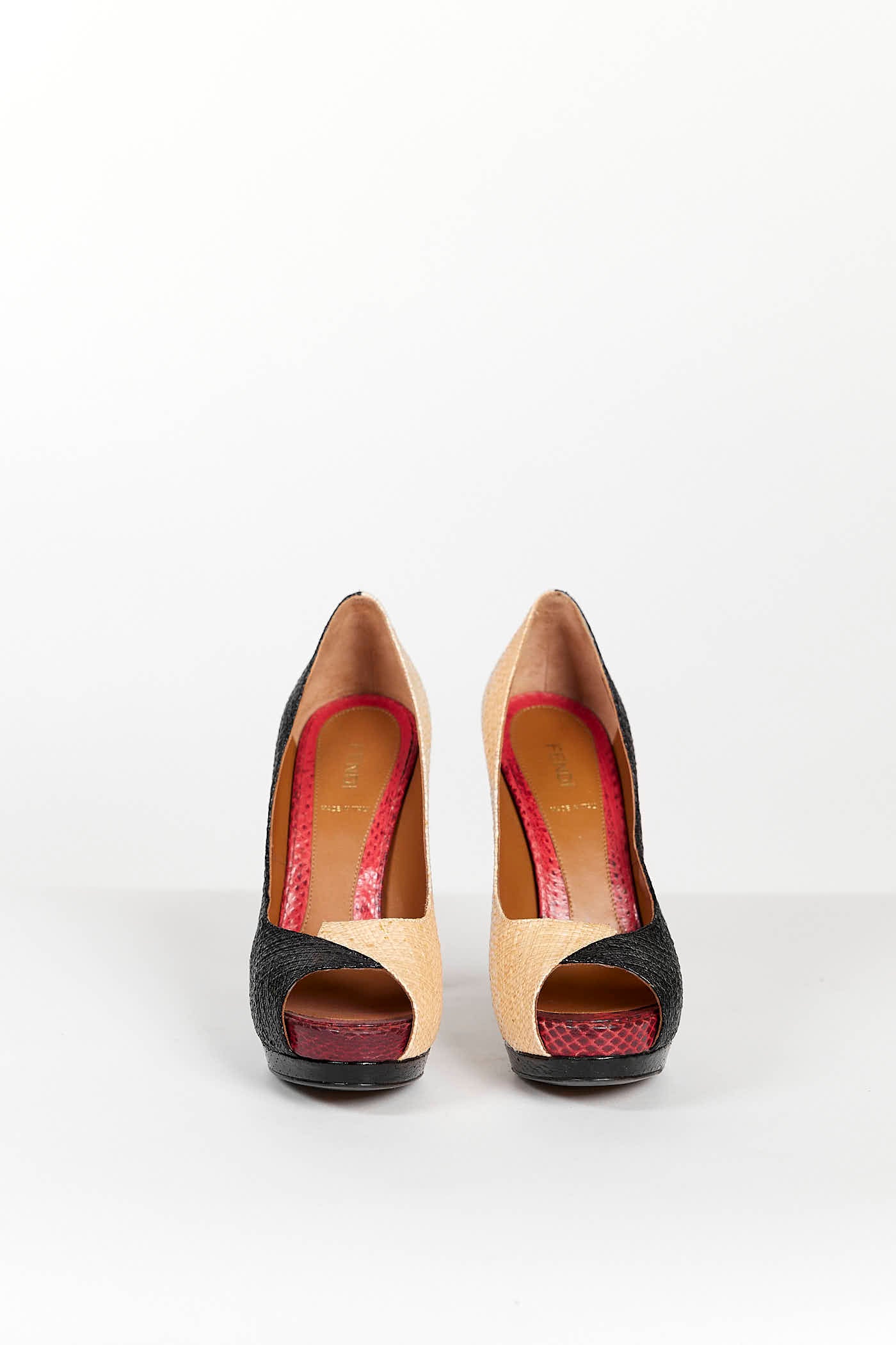 Fendi Black/Brown Woven Straw Heels with Red Snake Embossed Leather 39