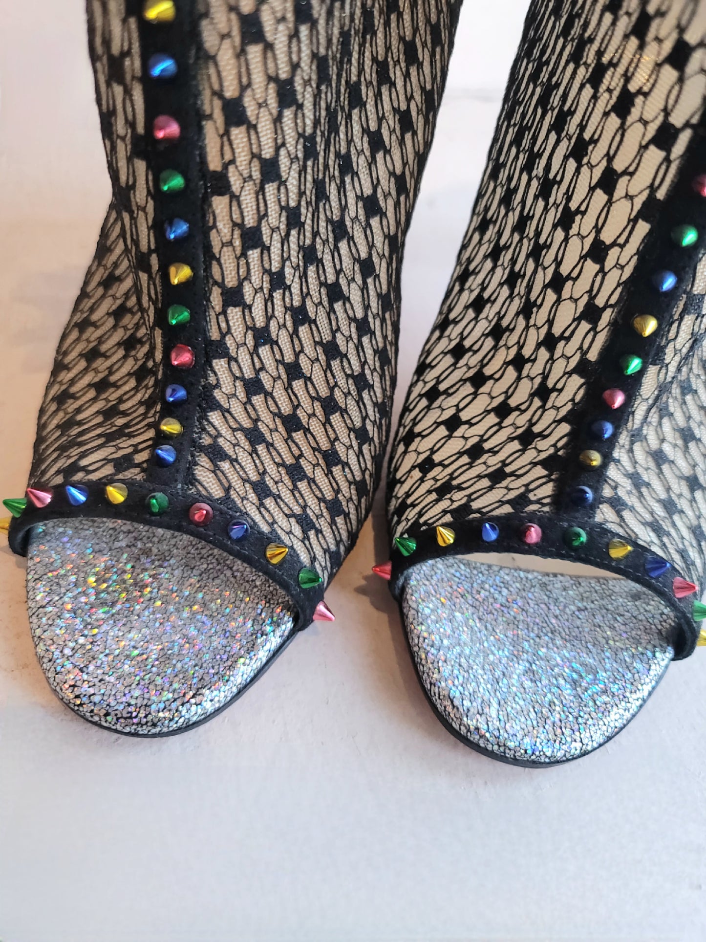 Christian Louboutin Black Lace Open Toe Booties w/Rainbow Studs Heels 37.5