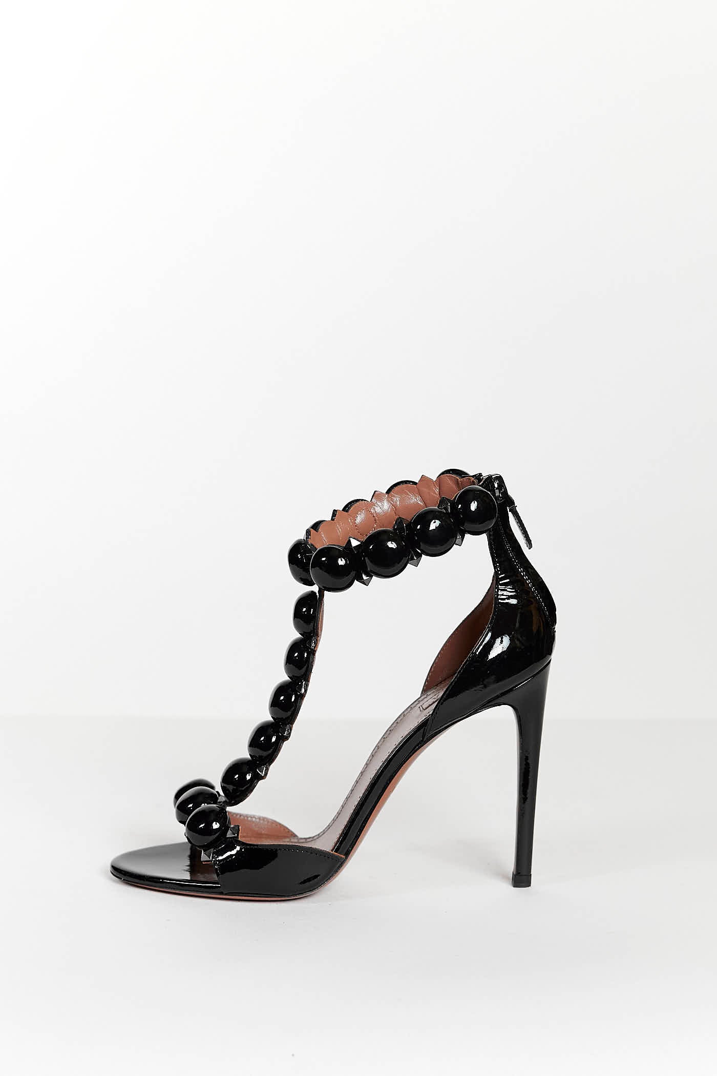 Alaia Black Patent Leather Studded T- Striped Heel 38.5