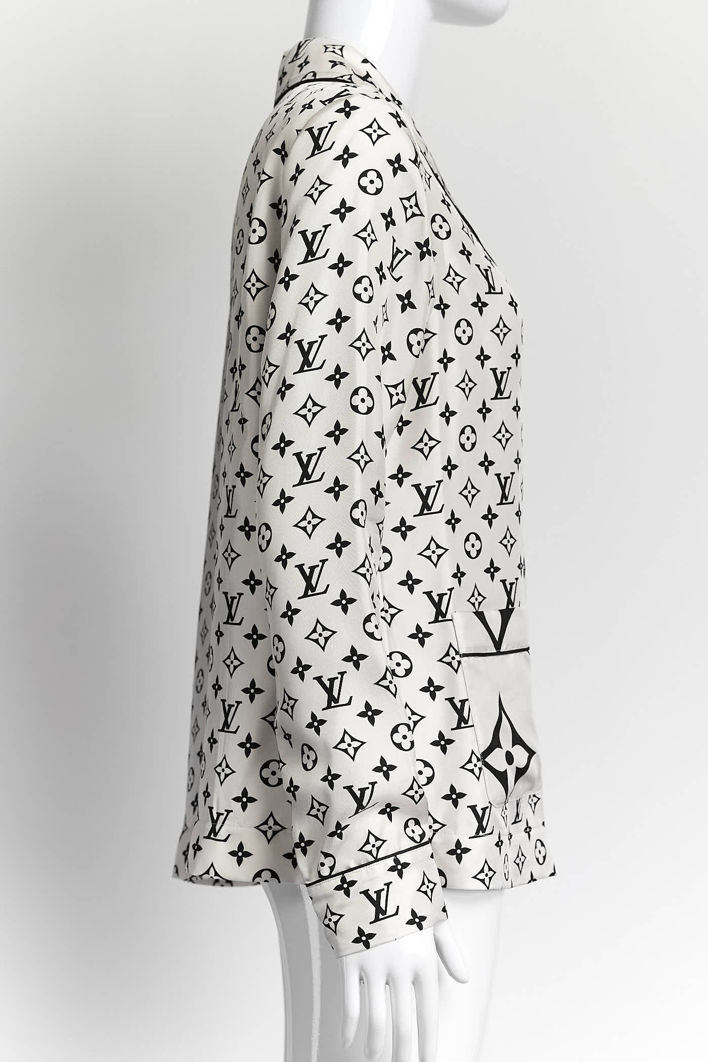 Louis Vuitton Navy Monogram Cream Silk Shirt 36