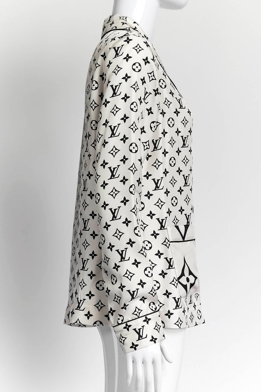 Louis Vuitton Navy Monogram Cream Silk Shirt 36
