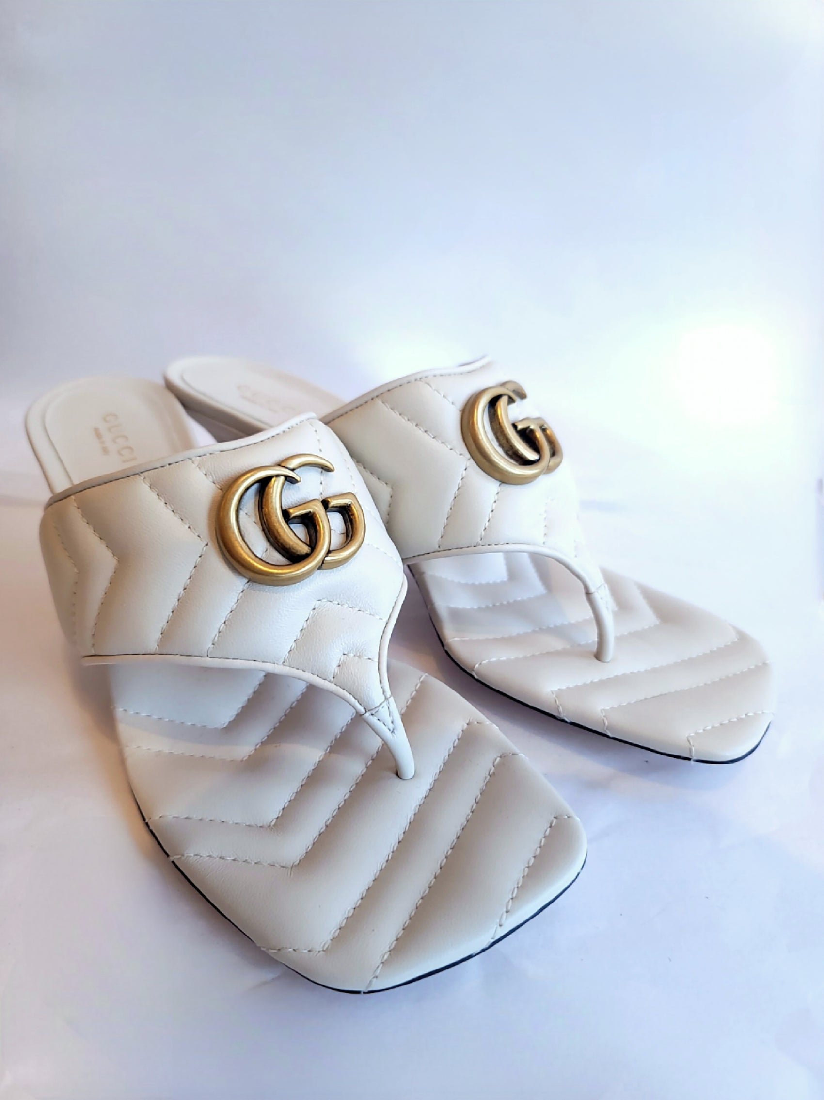 Gucci GG Marmont White Leather Sandal Heel 38.5