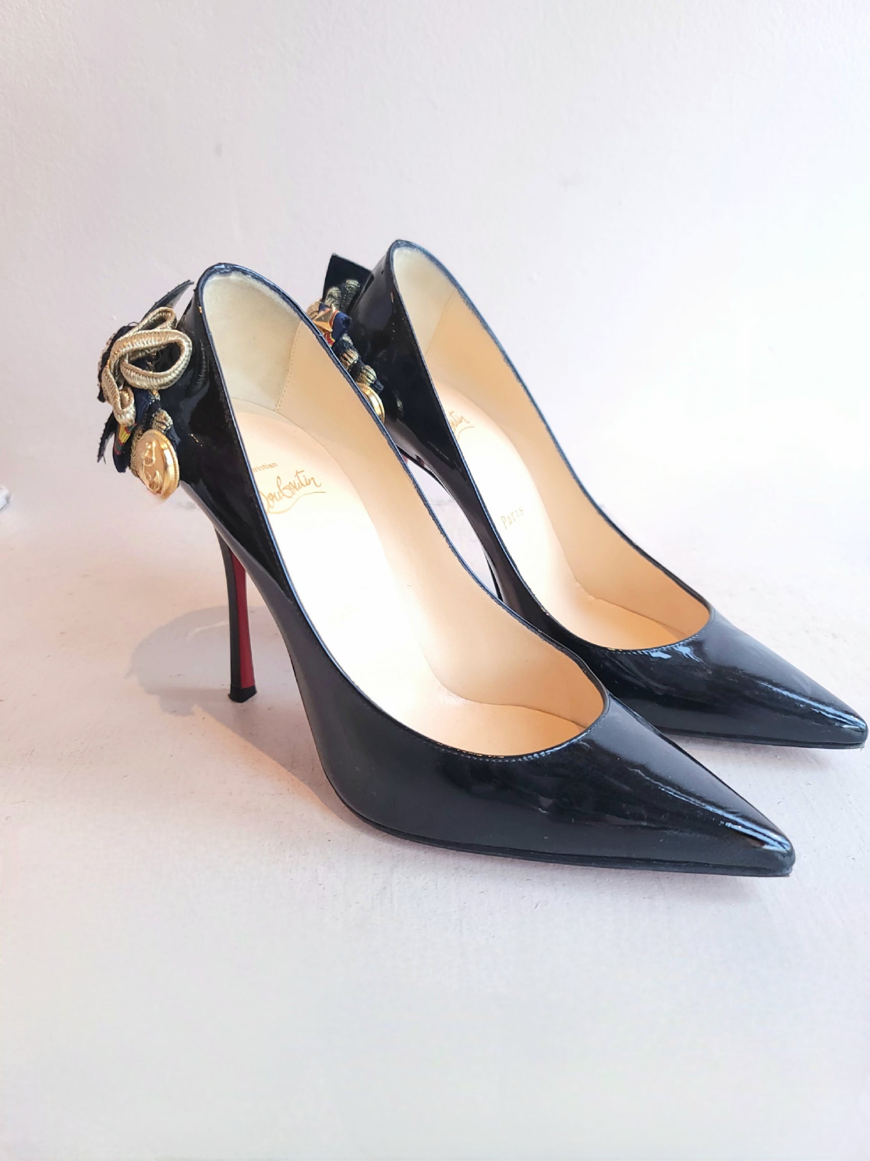 Christian Louboutin Black Patent Heels w/Military Badges and Patches 37