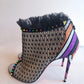 Christian Louboutin Black Lace Open Toe Booties w/Rainbow Studs Heels 37.5