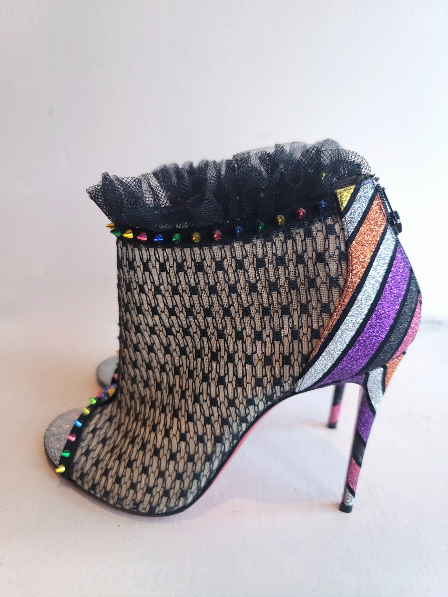 Christian Louboutin Black Lace Open Toe Booties w/Rainbow Studs Heels 37.5